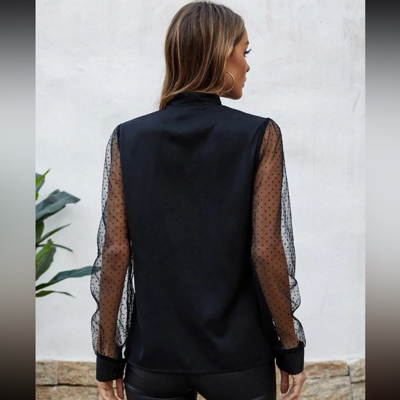 Contrast Polka Dot Mesh Tie Neck Blouse - Picture 2 of 5